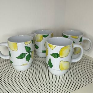 Boston Warehouse Lemon Pattern Mugs - White and Yellow Set of 4